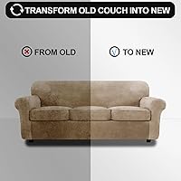 Vista 5 de FestiCorp Funda de sofá de terciopelo, fundas para sofás con 3 cojines, fundas elásticas de 4 piezas, fundas gruesas para muebles para perros y Camel