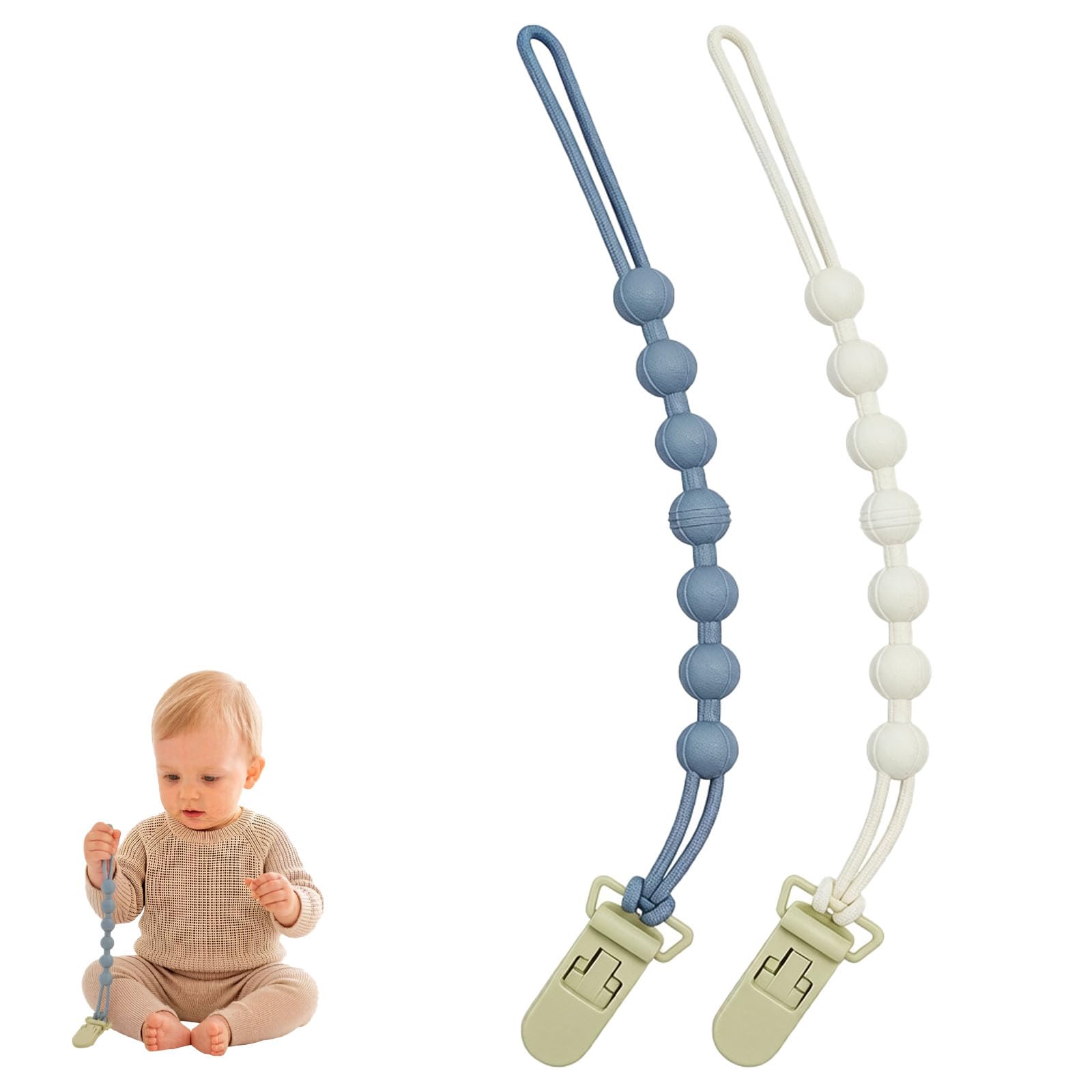 2Pcs Pacifier Holder Chain for Baby, Pacifier Chain with Clip, Convenient Solution for Preventing Lost Pacifiers During Outdoor Family Trips and Daily Care, Blue and White-image-1