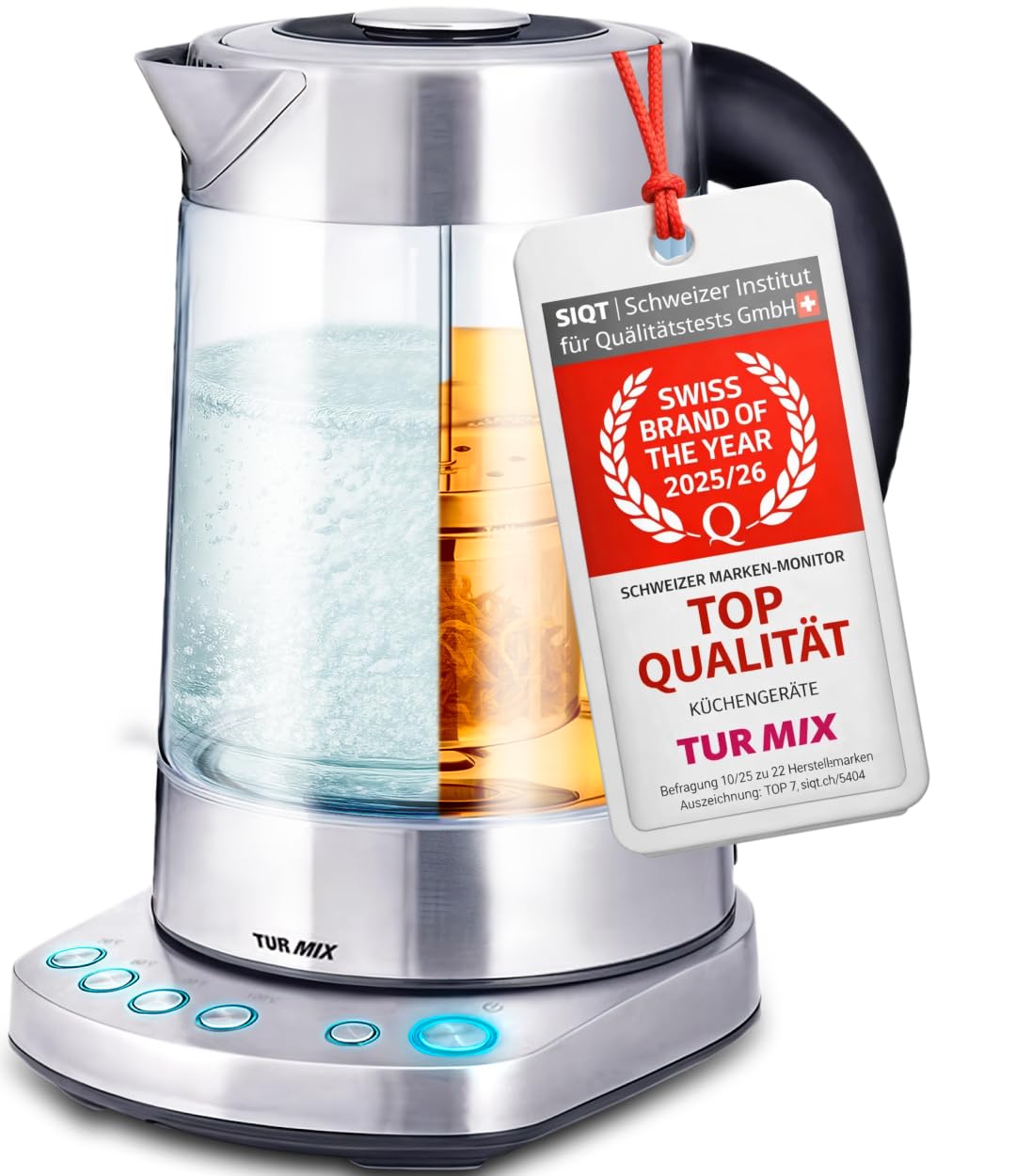 TURMIX 2in1 Teekocher elektrisch mit Wasserkocher Glas 2200W 1,5L Silber, Temperatureinstellung 70–100°C, Mit Manuell Absenkbar und Anhebbar Teesieb, 1 stunde Warmhaltefunktion