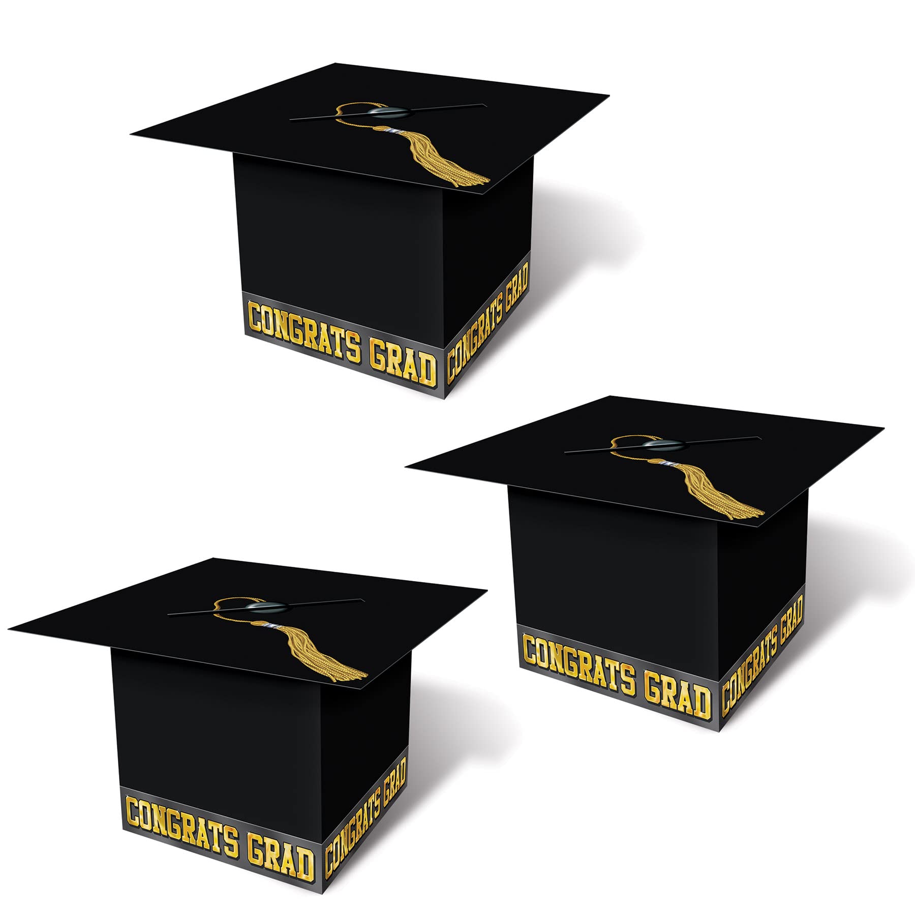 Beistle 3 Stück Geschenkkartons mit Grad Kappe für Abschlussfeier, Partyzubehör und Dekorationen, 21,6 x 21,6 cm, Schwarz/Gold