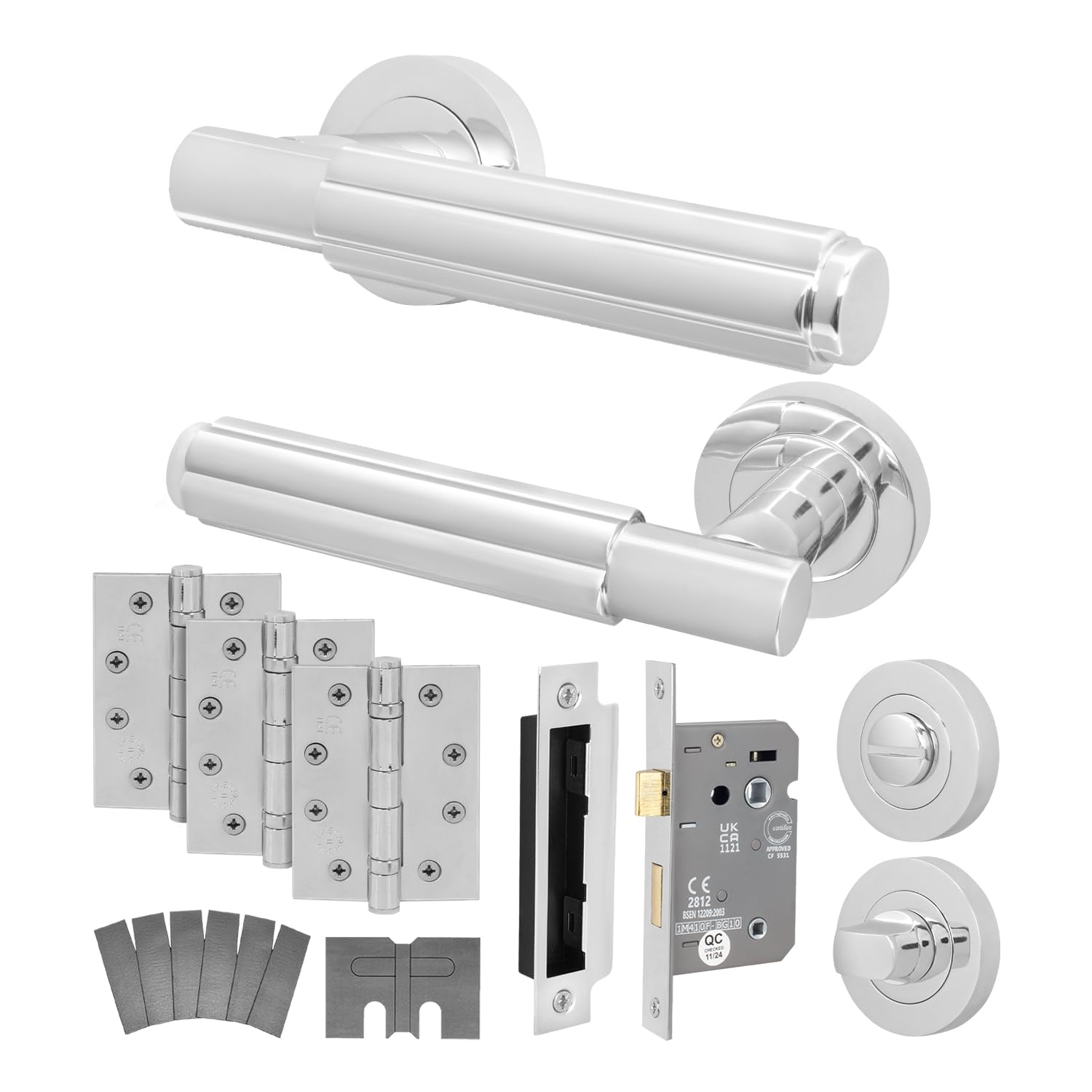 Eai Polished Chrome Chrome Fire Door Handle Bathroom Set, Internal Fire Rated Door Handle With 80Mm Bathroom Lock And 102Mm Hinges, Flora Range 1 Pack