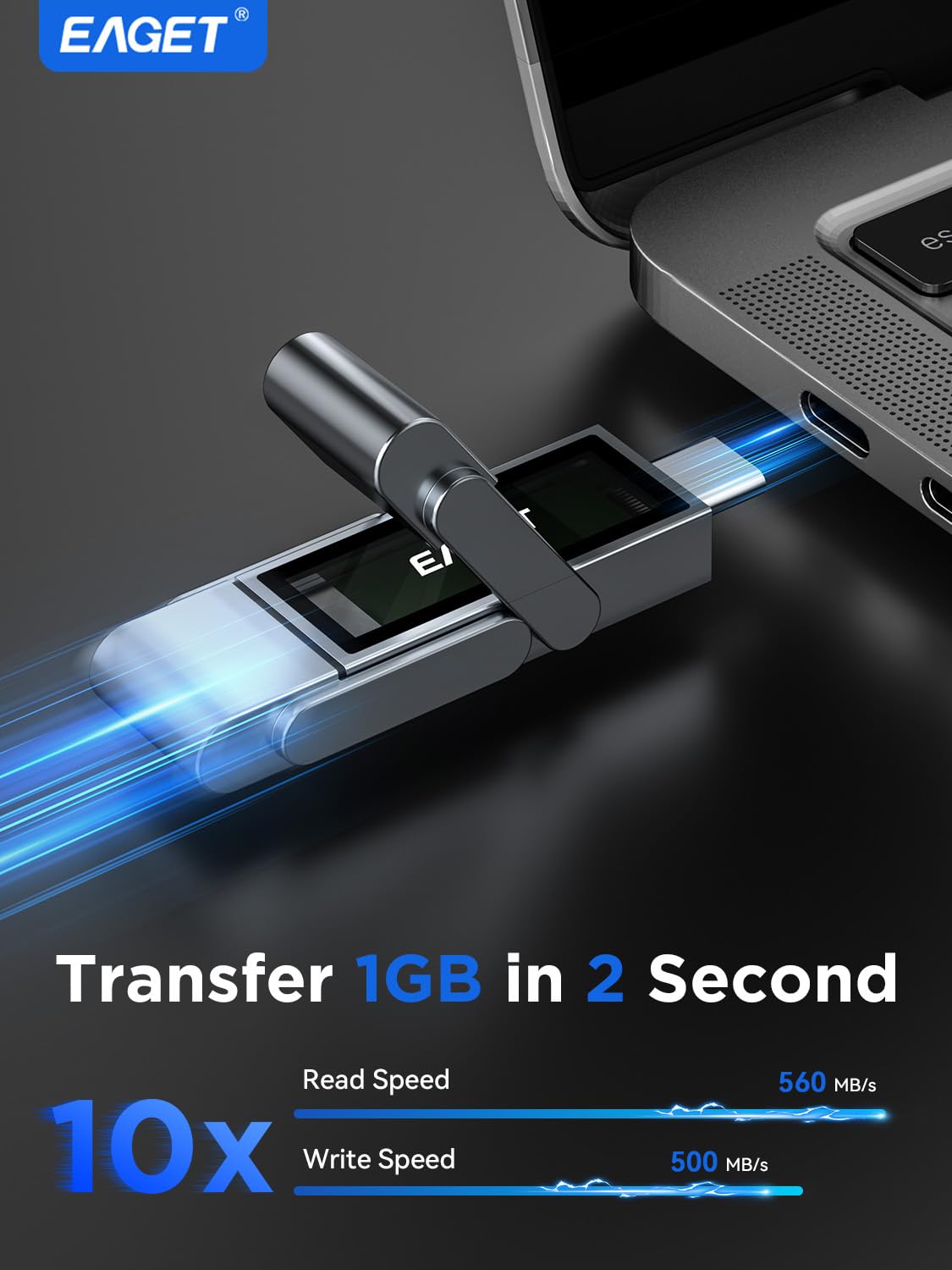 EAGET Pamięć flash USB 512 GB, dwuportowy dysk półprzewodnikowy USB-C z USB 3.2, szybki pendrive 560 MB/s do iPhone'a 15/16/17 Pro, Android, Mac, PC, PS5 – wytrzymały metalowy korpus i przenośny dysk