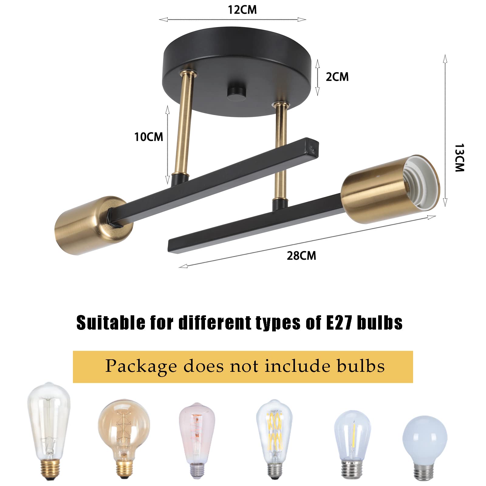 Lustre Plafonnier Industriel E27 Lampe Suspendue 2 Lumières Luminaire Plafonnier Noir Doré éclairage Intérieur pour Salon, Chambre, Couloir (Sans Ampoule)