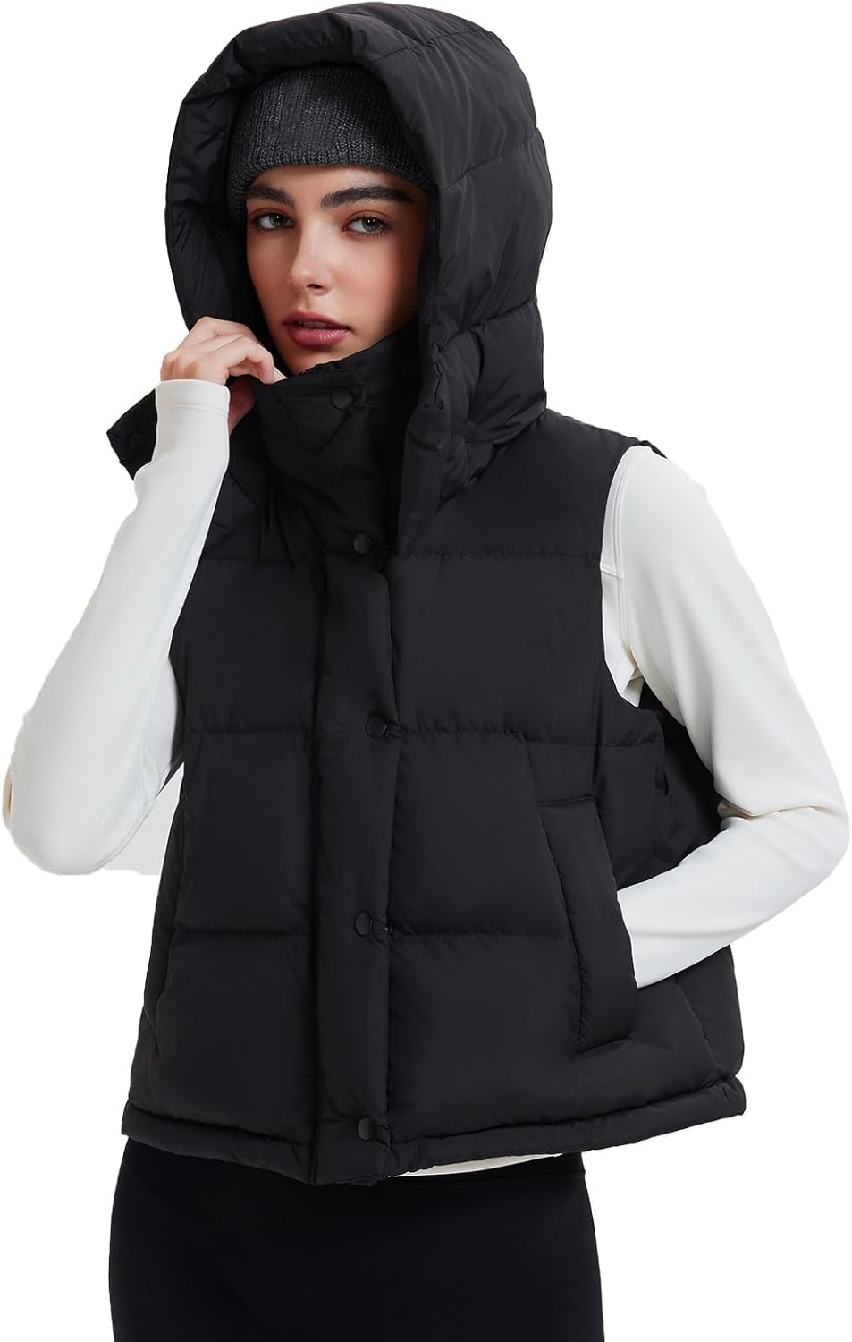 Airfree Women Cropped Puffer Vest 800 Fill Lightweight Goose Down Jacket Sleeveless Winter Coats with Removable Hood