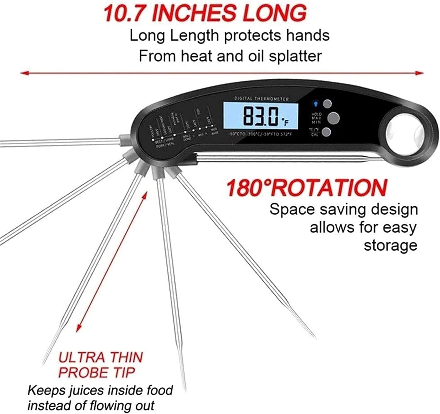LIIAV Termómetro de carne de lectura instantánea for cocinar, termómetro de alimentos digitales rápidos y precisos con calibración de la luz de fondo y sonda plegable for freír, Barbacoa Parrilla y pa