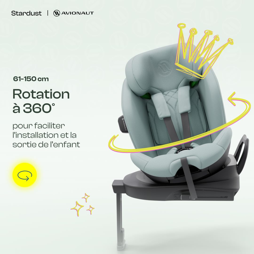 Avionaut Stardust 360° testé par ADAC, Siège auto enfant pivotant Groupe 1/2/3 61-150 cm | I-Size, installation dos et face à la route, inclinable, respirant – de la naissance à 12 ans