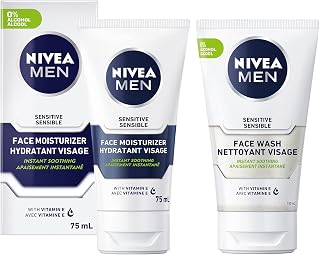 NIVEA Men Sensitive Skin Face Moisturizer (75ml) & Face Wash (150ml) Pack, Mens Face Moisturizer and Cleanser Set, Non-Greasy and Alcohol Free Face Lotion for Sensitive Skin, 1 Count