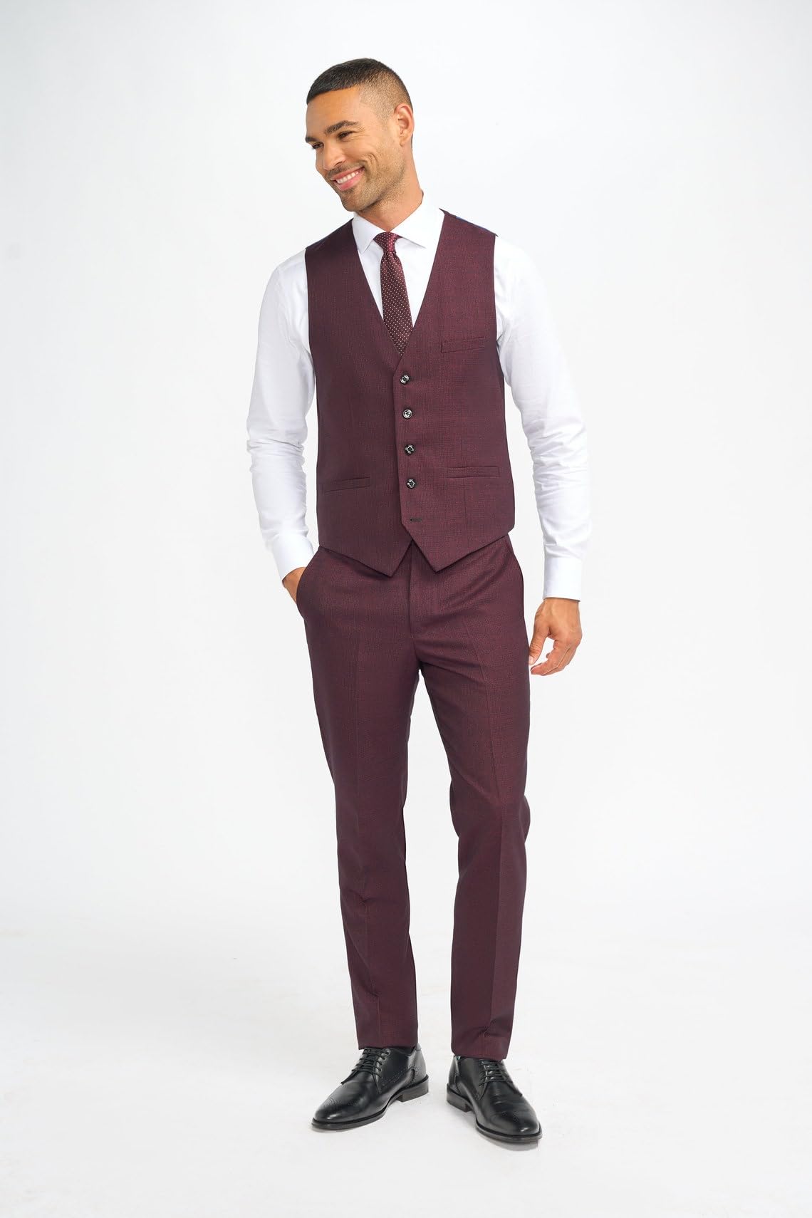 SIRRI Abito da Uomo Slim Fit in Tweed a Quadri, Giacca, Gilet, Pantaloni, Set Formale da Matrimonio Vino Bordeaux Venduto separatamente