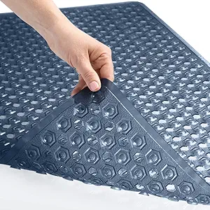 GORILLA GRIP Patented Bath Tub Shower Mat, Machine Washable Bathtub Floor Liner Mats, Suction Cups and Drain Holes to Keep Tubs Clean, Soft on Feet, Bathroom Essentials, 35x16 Inch, Clear Navy