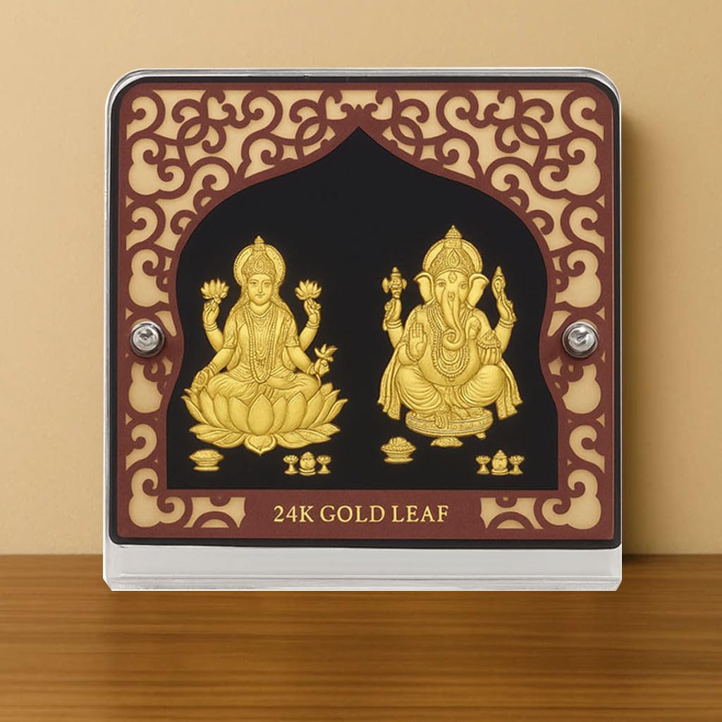 Pozłacane szkło Lakshmi Blat Ganesh Murti Idol Frame | Laxmi Ganesha zdjęcie | świątynia, dekoracja stołu, dekoracja ścienna | prezenty Diwali i parapetówki | biurko biurowe, deska