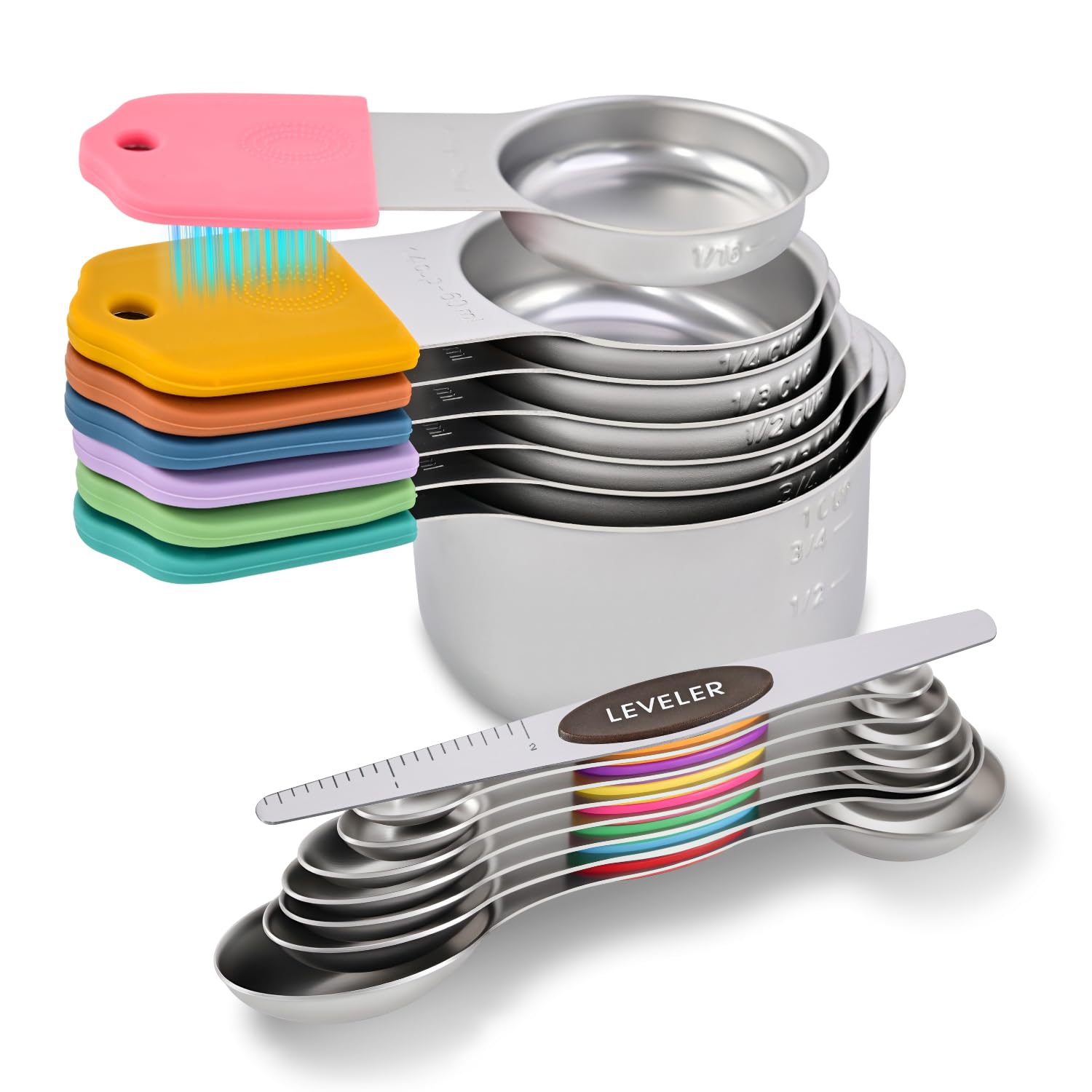 EDELIN Juego de tazas y cucharas medidoras magnéticas, acero inoxidable, 7 tazas y 6 cucharas con 1 nivelador, acero inoxidable 18/8 304 (multicolor, 14 juegos)