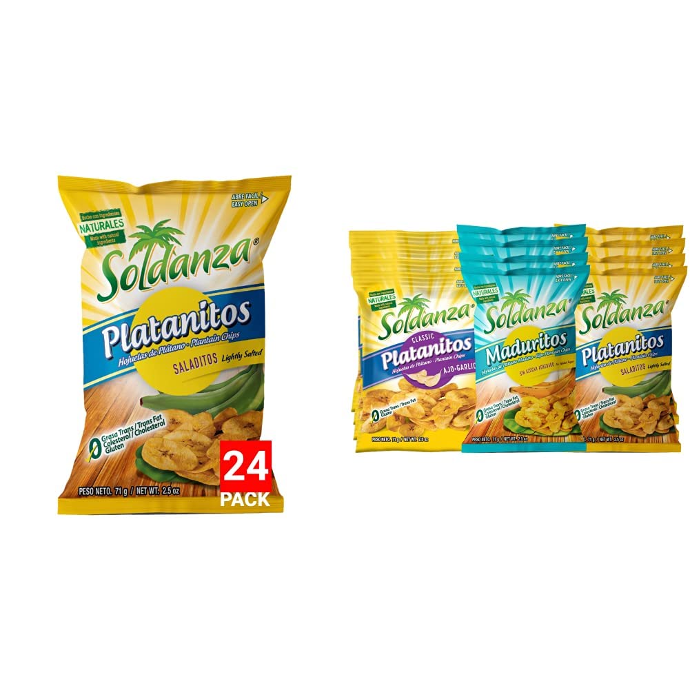 soldanzaLightly Salted Plantain Chips, 2.5 Ounce (Pack of 24) + Soldanza Plantain Chips, Variety Pack 2.5 oz (Pack of 12) 4 x Salted, 4 x Ripe, 4 x Garlic
