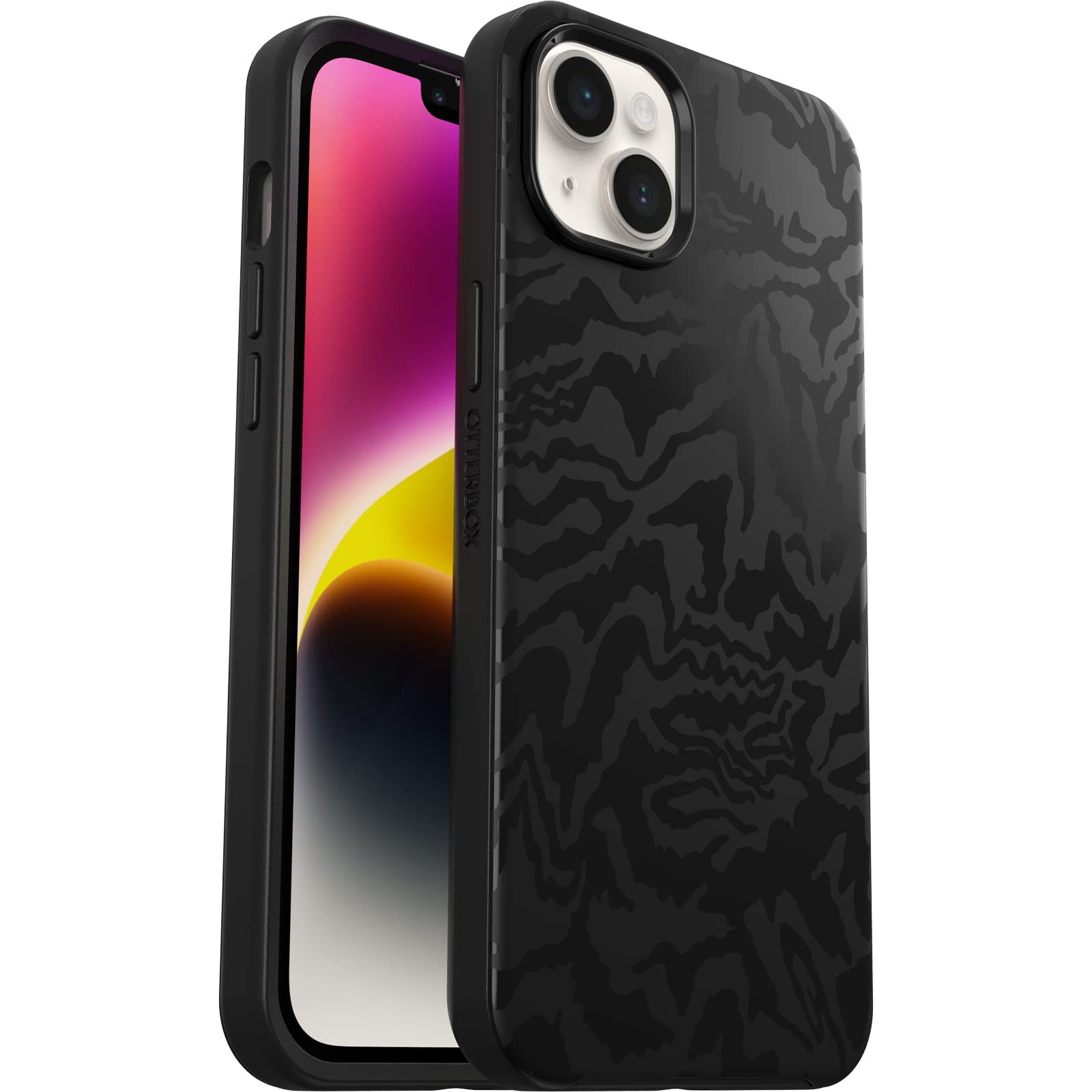 OtterBox Cover per iPhone 14 Plus Symmetry+ con MagSafe, resistente a shock e cadute;sottile, testata 3x vs le norme MIL-STD 810G, protezione antimicrobica, Nero/Fabric