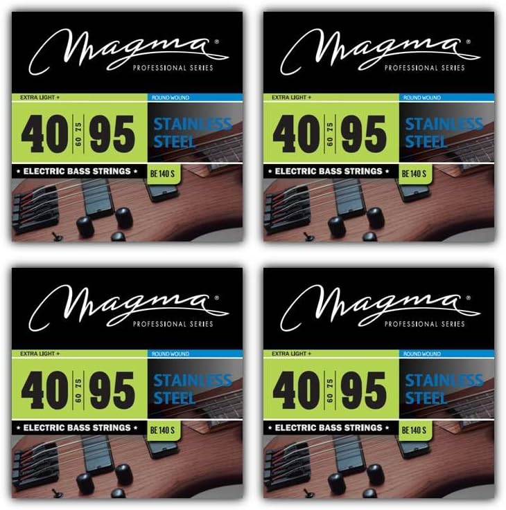 Magma Electric Bass Strings - Extra Light + Stainless Steel Bass Guitar Strings - Long Scale 34 inch 4 String Sets of .040 - .095 Gauge Strings (BE140S) - 4 Sets