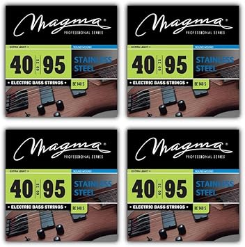 Magma Electric Bass Strings - Extra Light + Stainless Steel Bass Guitar Strings - Long Scale 34 inch 4 String Sets of .040 - .095 Gauge Strings BE140S - 4 Sets