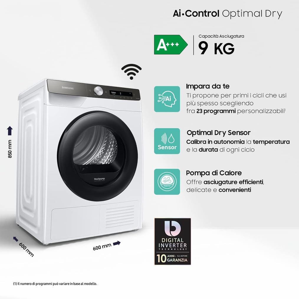 Samsung Asciugatrice DV90T5240AT/S3, 9 Kg, a pompa di calore, 60 x 85 x 60 cm, Porta Reversibile, Libera installazione