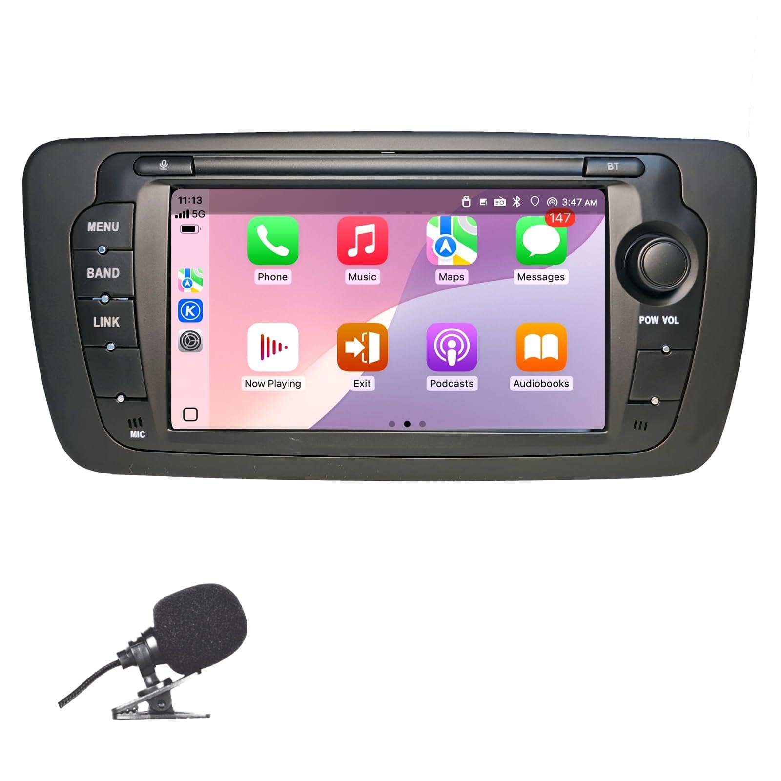 Autoradio geeignet für Volkswagen Seat Ibiza 6J 2009-2014 und Unterstützt kabelloses CarPlay und Android Auto. Verfügt über einen 7-Zoll-Touchscreen mit Radio/Bluetooth/FM/USB/DSP/RDS