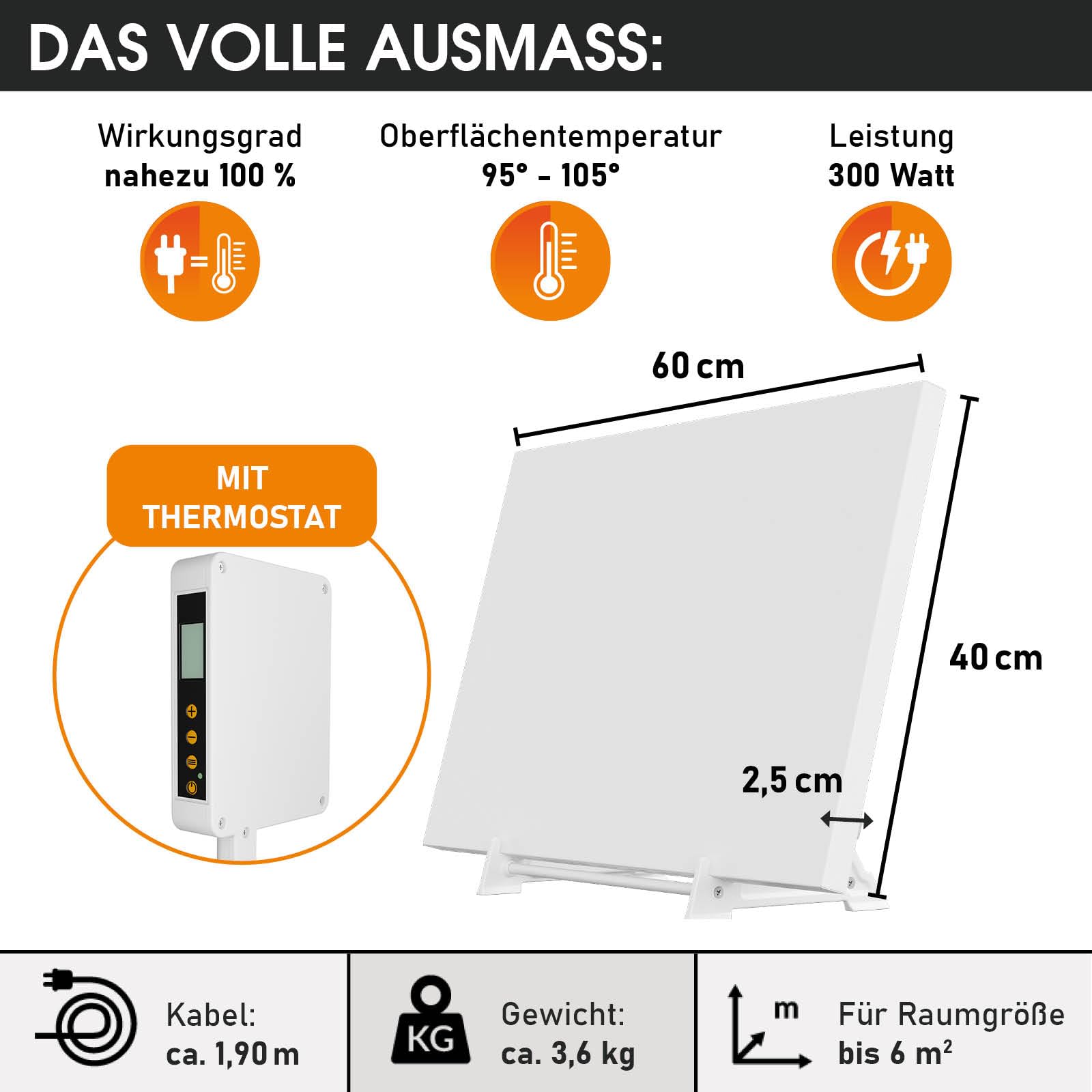 BRAST® Infrarotheizung mit Thermostat | 300-1100 Watt | Made in Europe | Inkl. Wandhalterung Standsystem + Griff | hoher Wirkungsgrad | Flexibler Einsatz | Ultraflache Bauweise | IP-TH 300