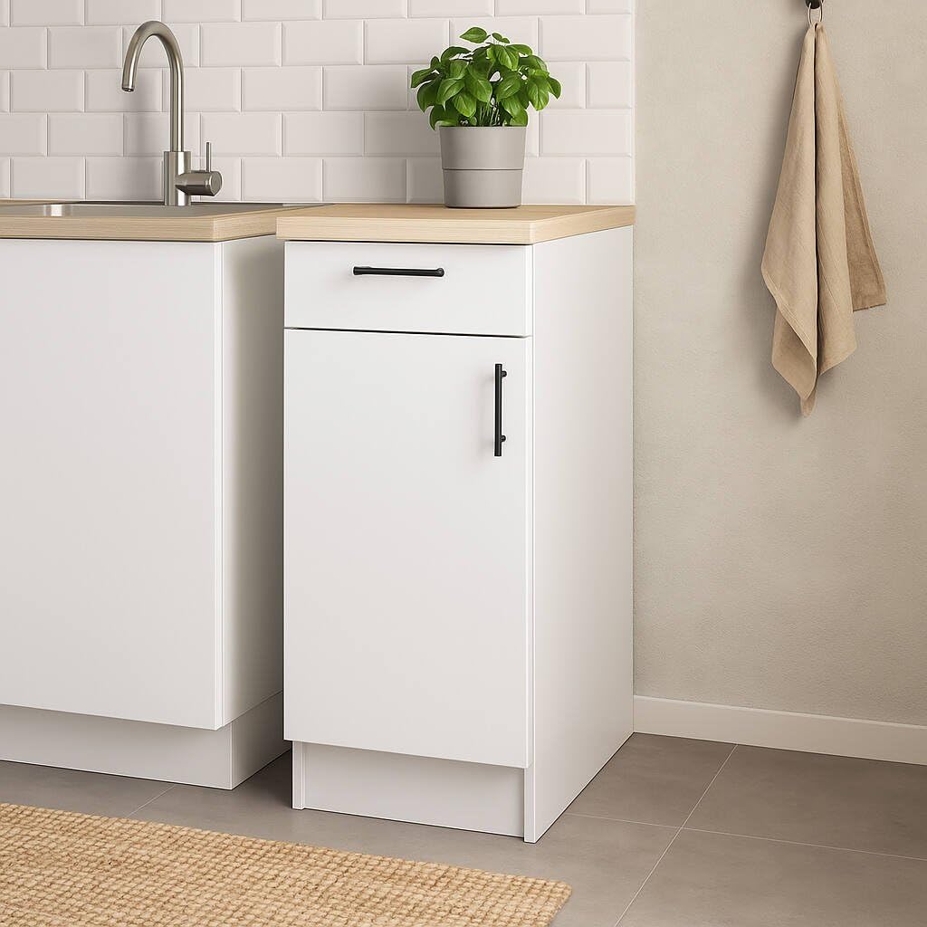 Mobile 1 anta con cassetto Casnigo, Mobile contenitore misto, Base cucina con anta e cassetto, Modulo multiuso, 40x60 h90 cm, Bianco e Rovere