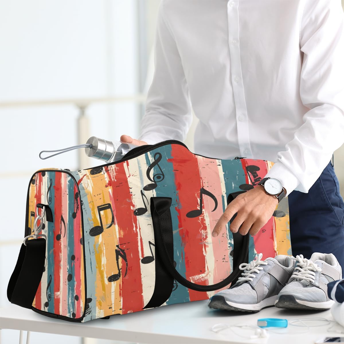 Vintage Striped Musical Notes Travel Duffel Bag for Women Men Large Capacity Overnight Weekender Bags for Lightweight Waterproof Sport Gym Bag for Workout Yoga Swim