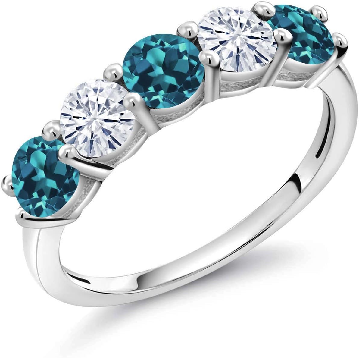 Gem Stone King 925 Sterling Silver London Blue Topaz and White Moissanite Wedding Band Ring For Women (0.98 Cttw, Round 3.5MM, Gemstone November Birthstone)