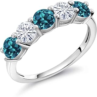 925 Sterling Silver London Blue Topaz and White Moissanite Wedding Band Ring For Women (0.98 Cttw, Round 3.5MM, Gemstone November Birthstone, Available In Size 5, 6, 7, 8, 9)