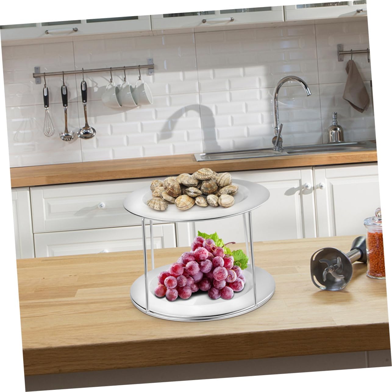 PRETYZOOM 2pcs Stainless Steel Double Layer Grill Rack Pizza Pan Seafood Serving Tray Food Holder Stand Lightweight