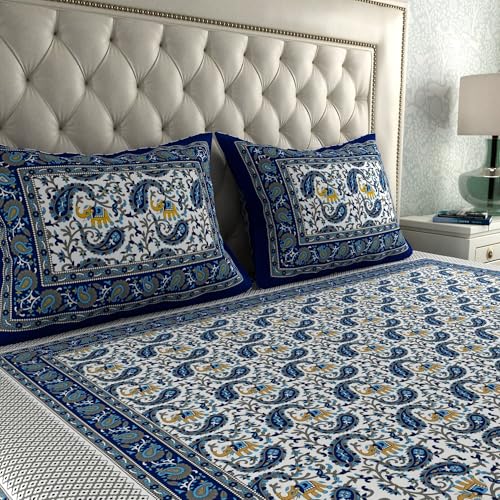 Image of La Verne Combo Pack of 2 Double Bedsheet with 4 Pillow Covers | Cotton Double Flat 104 TC Jaipuri Prints Bedsheet 240 X 220 CM (Blue, Yellow)