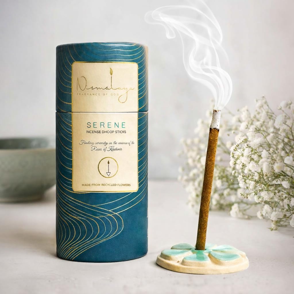 Nirmalaya Premium Serene Bambooless Dhoop Sticks (40 Sticks) with Ceramic Stand Sacred Temple Flower | 100% Charcoal-Free | for Pooja, Meditation, Yoga & Home Fragrance