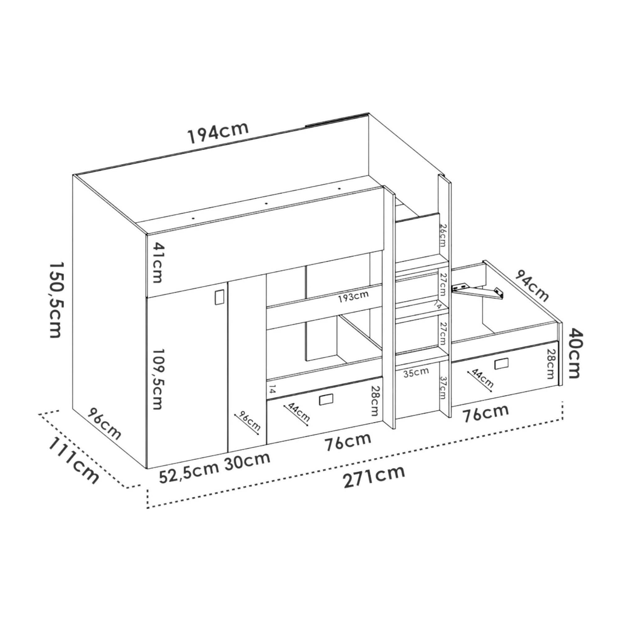 Dmora - Letto per bambini Cevedale, Cameretta completa con armadio e cassetti, Composizione letto a castello con due lettini singoli, 271x111h150 cm, Bianco e Rovere