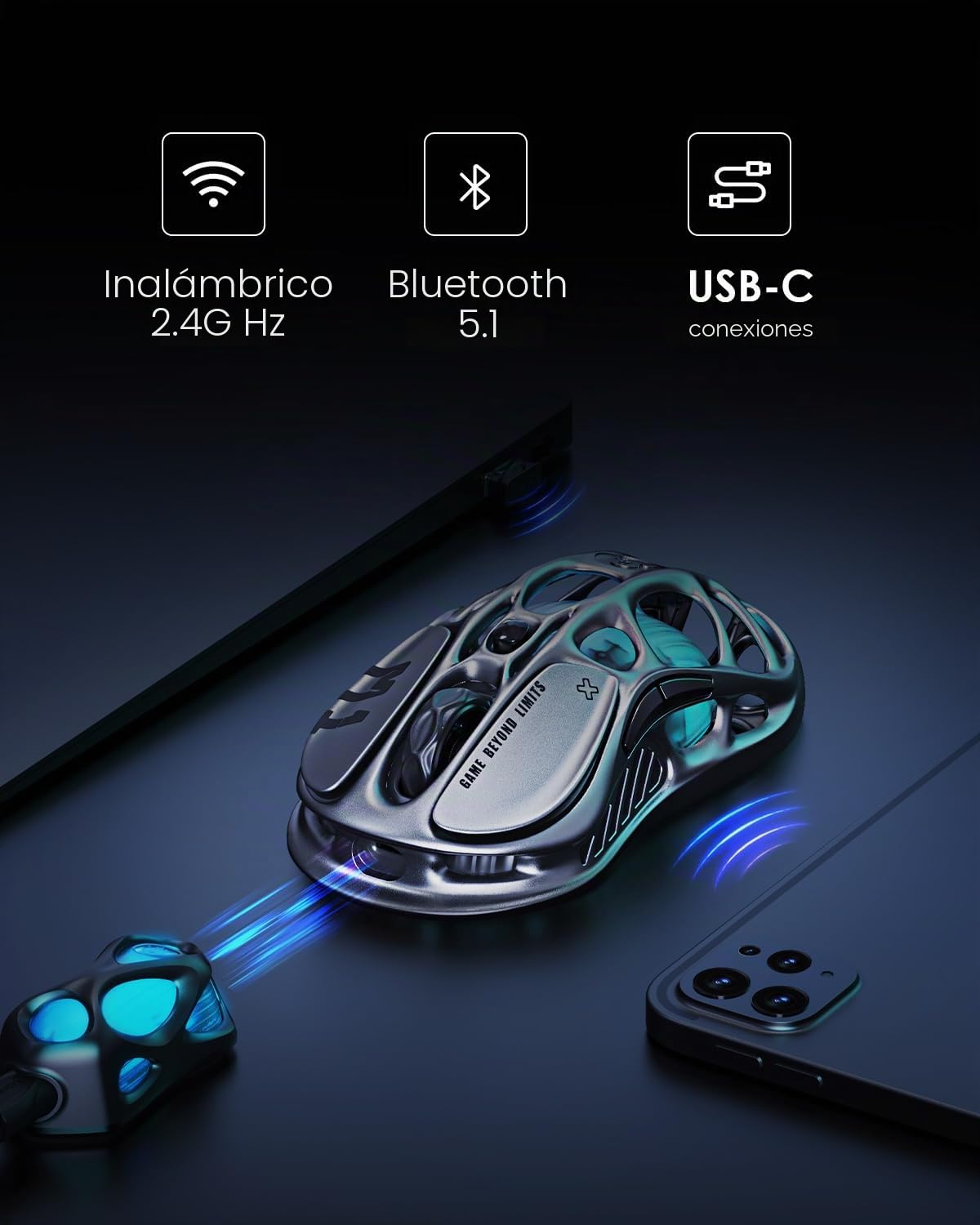 GravaStar Mercury M1 Pro Ratón inalámbrico para Juegos, Ratones para Juegos MMO de aleación de magnesio, 26.000 dpi, Diseño Hueco Ligero de 88 g, 5 Botones programables, 5 Modos RGB, Gris plomizo