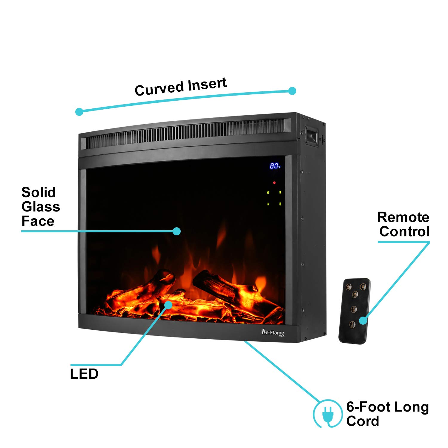 Amazon.com: e-Flame USA Edmonton 28-inch Curved LED Electric Fireplace  Stove Insert with Remote - 3-D Log and Fire Effect : Home u0026 Kitchen
