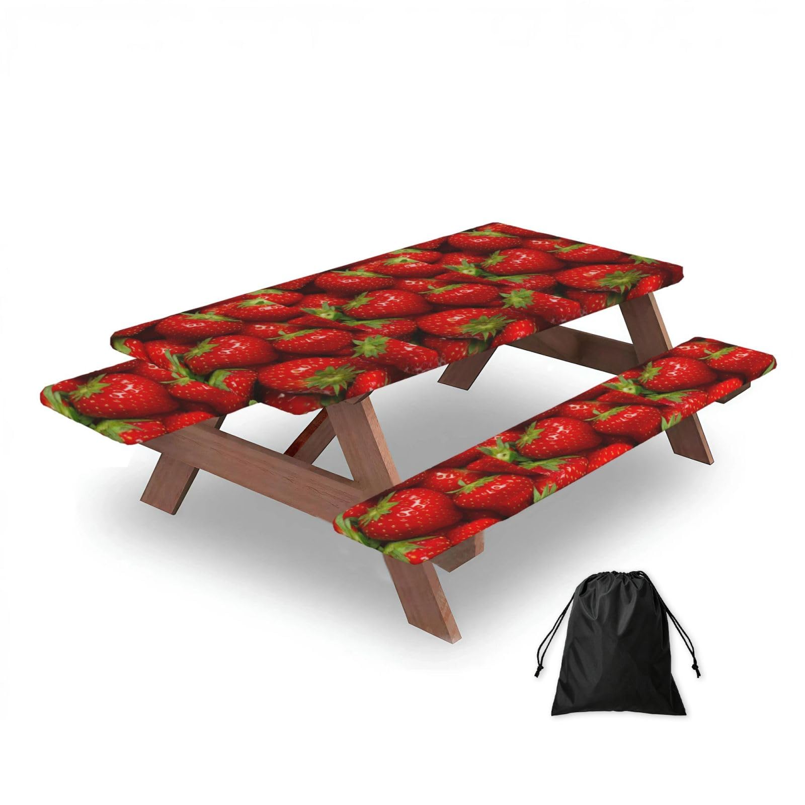 Strawberry Drawing, Picnic Table Cover With Bench Covers -Waterproof Elastic Fitted Tablecloth for Garden Camping Patio 76x152cm