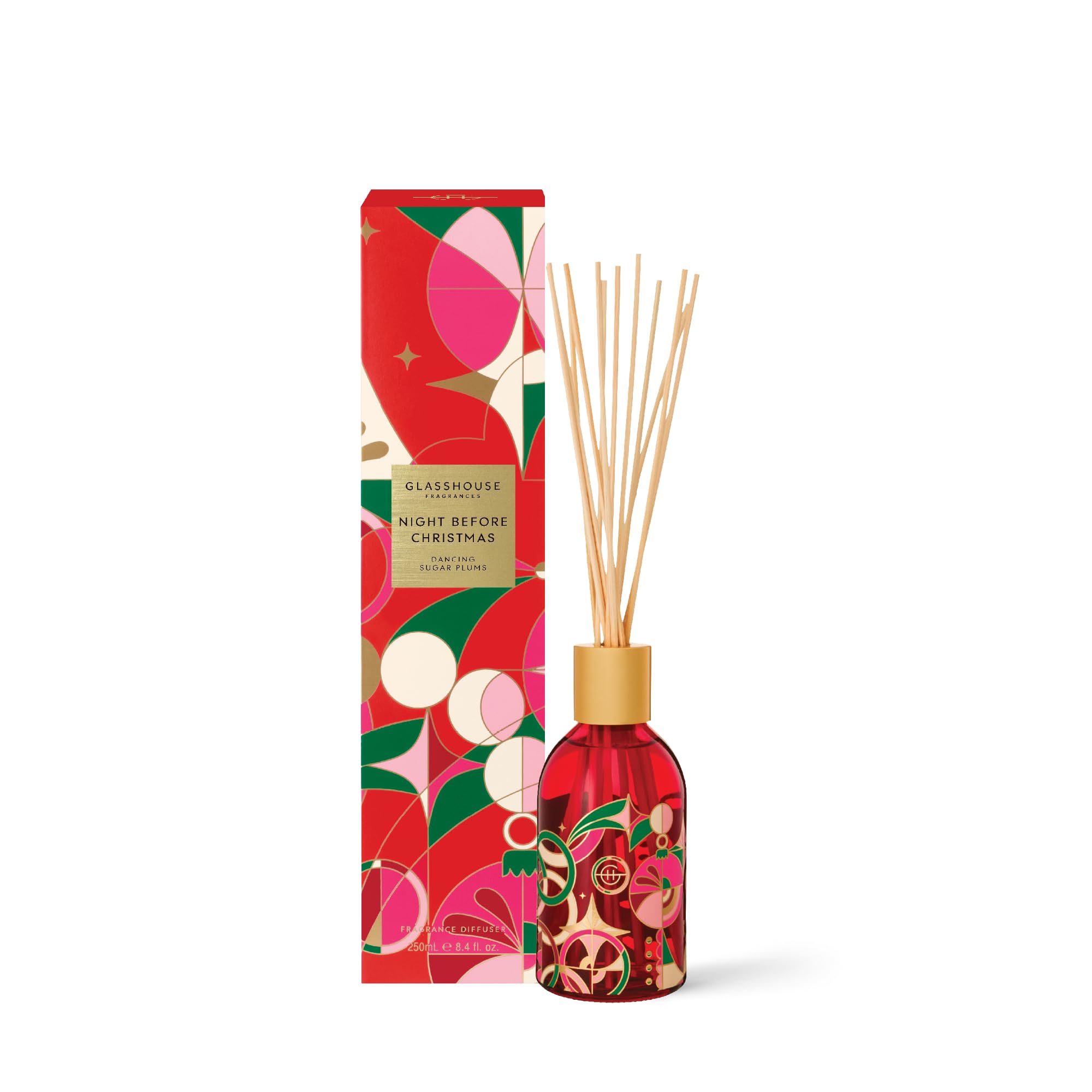 Glasshouse Fragrance Night Before Christmas Reed Diffuser, Home Fragrance & Perfume Scented Room Décor, Natural & Oil Free, Dancing Sugar Plums 8.4.fl.oz (250mL)