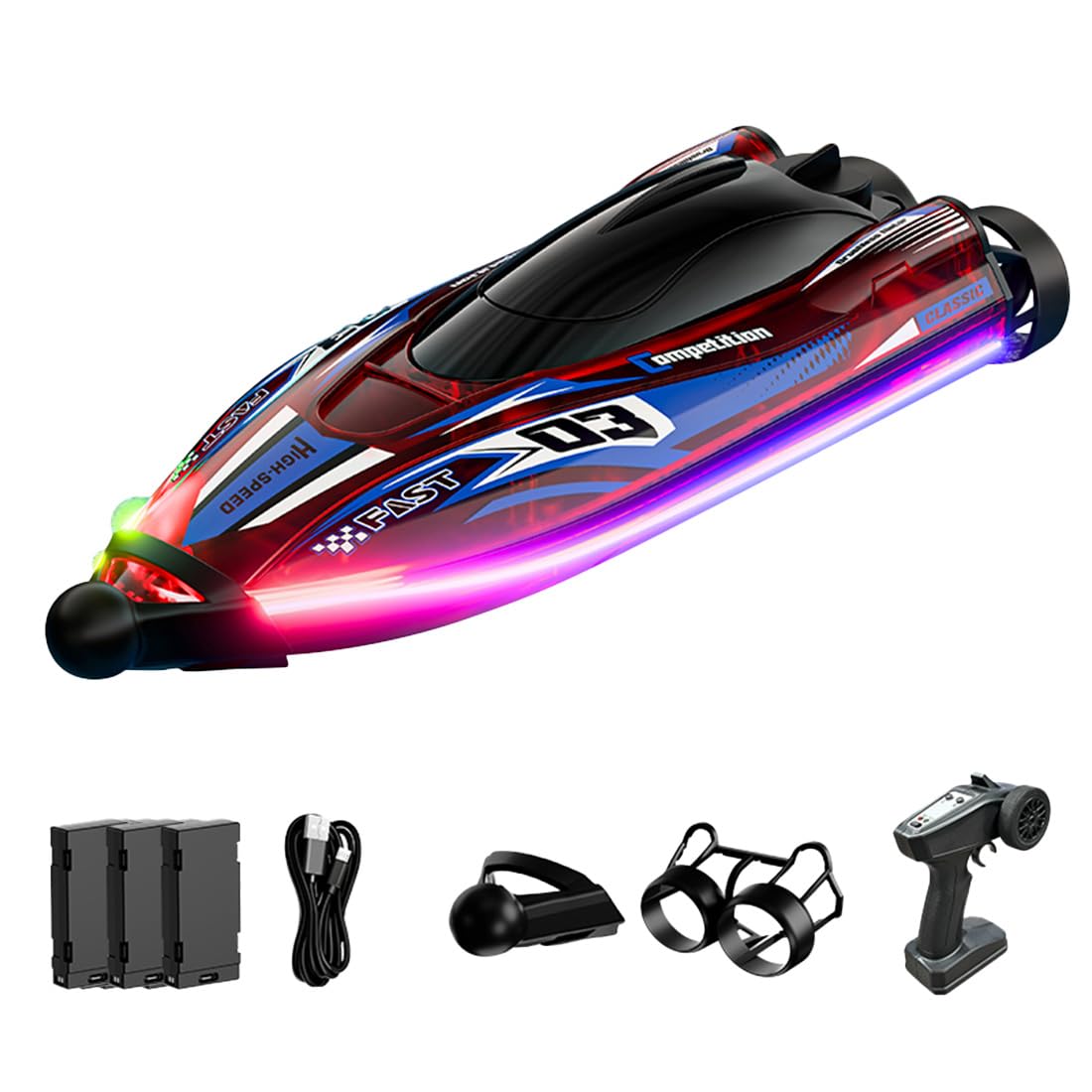 Brushless Fernsteuer Boot 2.4GHz High Speed RC Elektrisch Racing Boot mit Farbwechsel LED Beleuchtung Wasserdicht Dual Motor Wasserfahrzeug für Erwachsene Hobbyisten-Rot/3 Batterie