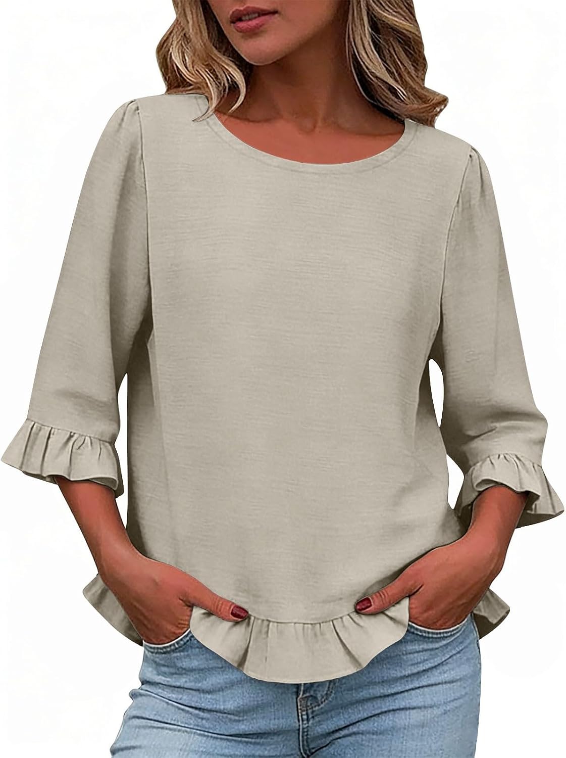 Womens Summer Tops 3/4 Length Sleeve Shirts Fashion Ruffle Crew Neck Dressy Casual Blouses Spring Clothes Outfits