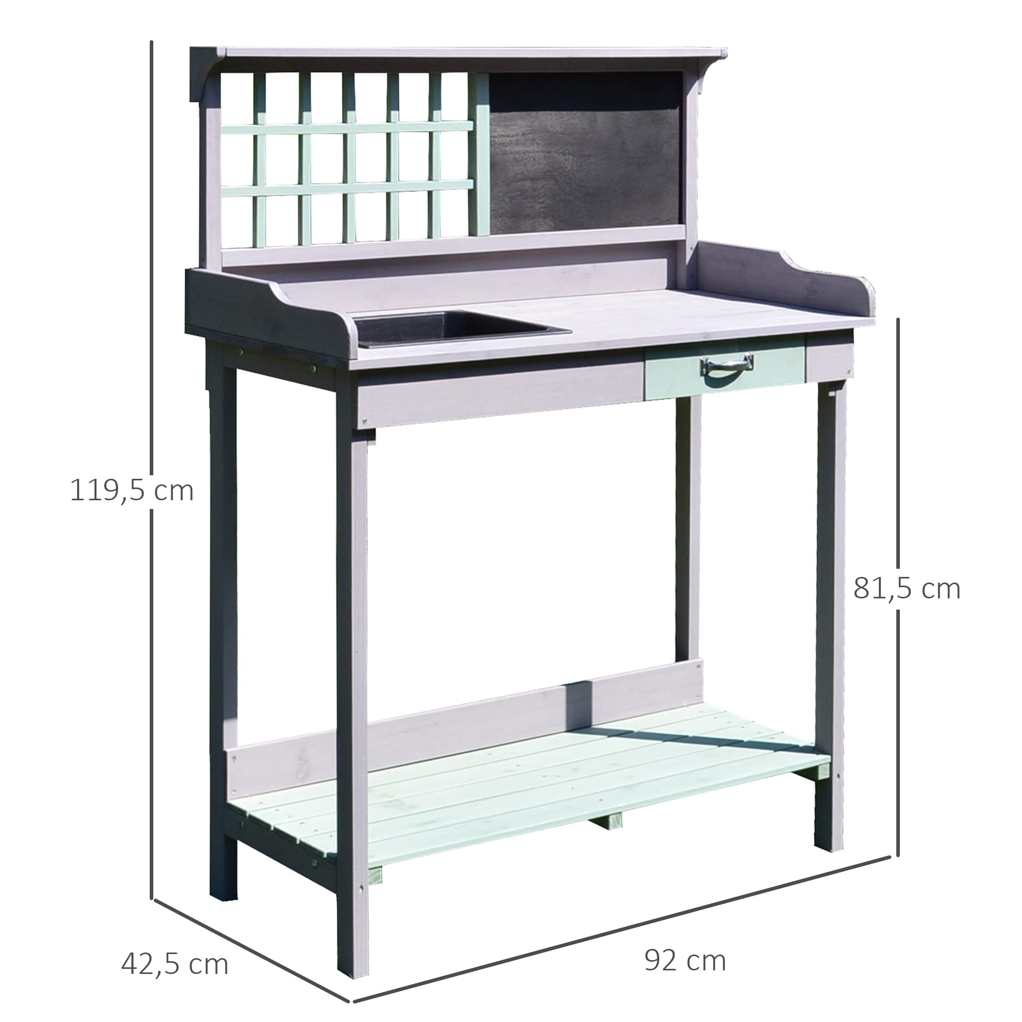 Outsunny - Mesa de jardinería con cajón, estante, fregadero 92 x 42,5 x 119,5 cm. Mesa de plantación de madera maciza, pino pre-aceitado, gris, verde menta