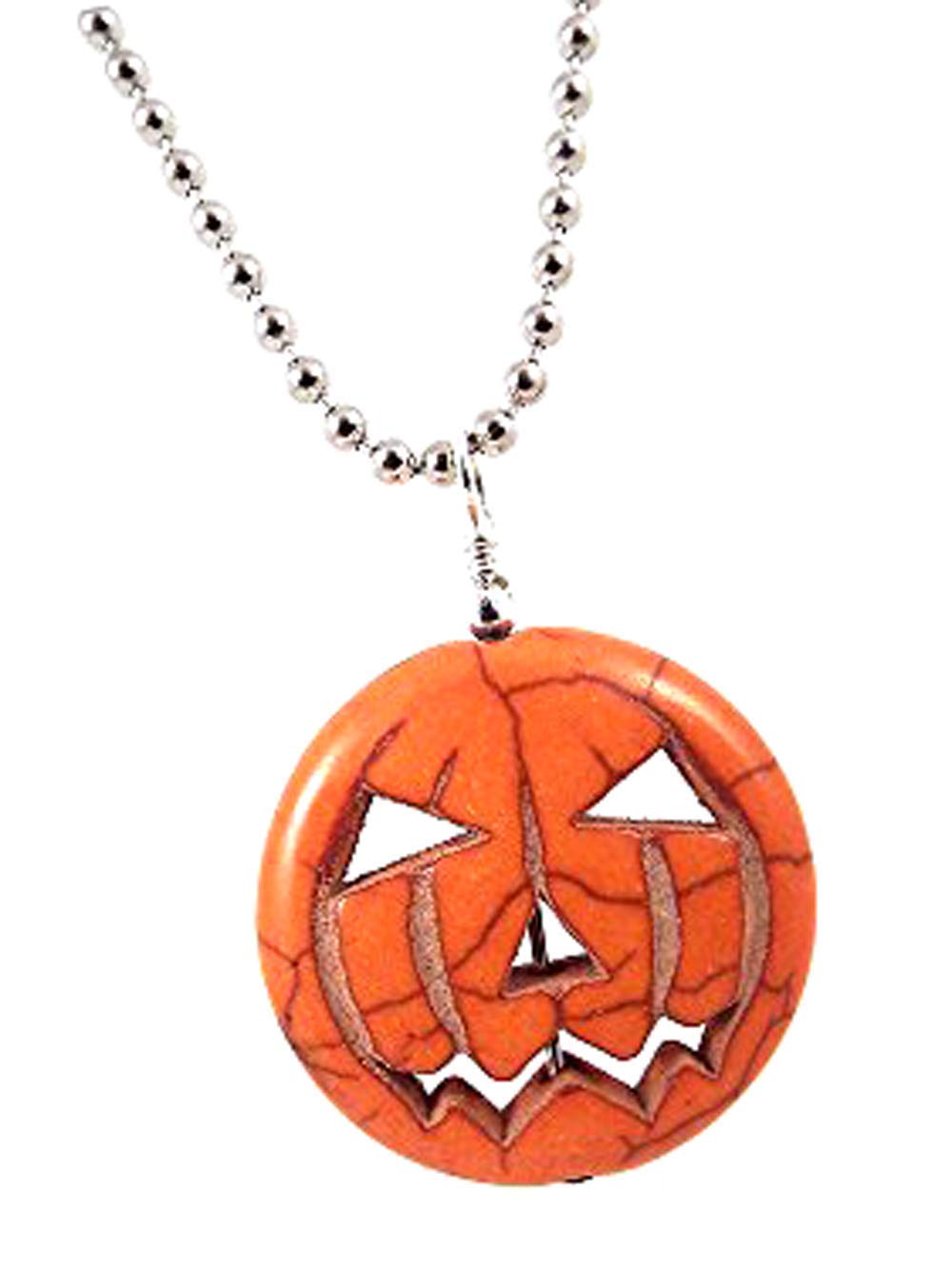 Jack O Lantern Pumpkin Gemstone Pendant Necklace on Silver Toned Ball Chain Halloween Jewelry