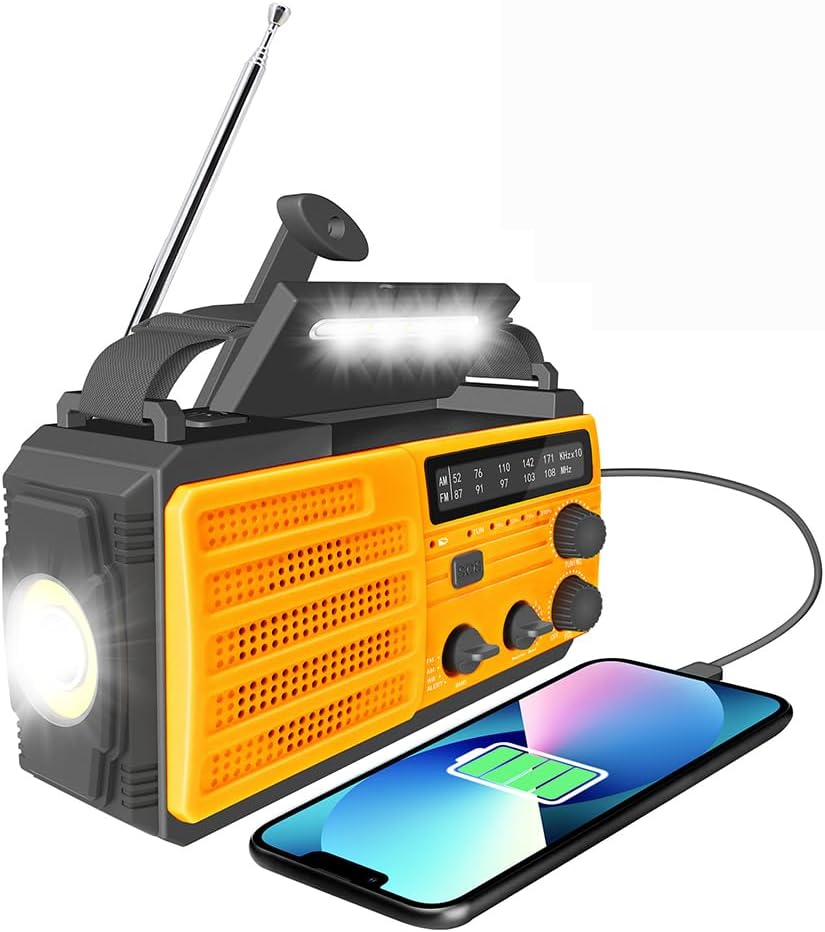 Winnes Radio Solar con manivela de 8000 mAh Am/FM Emergencia portátil con batería Recargable, Linterna LED, Alarma SOS y generador de manivela, Adecuada para Acampar, Supervivencia, Cortes de energía Orange
