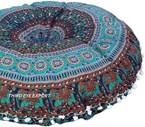 Third Eye Export 32" Blue Mandala Hippie Room Decor Floor Pillow Meditation Cushion Round Pillows Seating Cushions Cover Outdoor Pouf Circle Boho Gypsy Yoga Covers