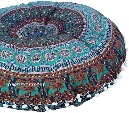 Third Eye Export 32" Blue Mandala Hippie Room Decor Floor Pillow Meditation Cushion Round Pillows Seating Cushions Cover Outdoor Pouf Circle Boho Gypsy Yoga Covers #TOP16