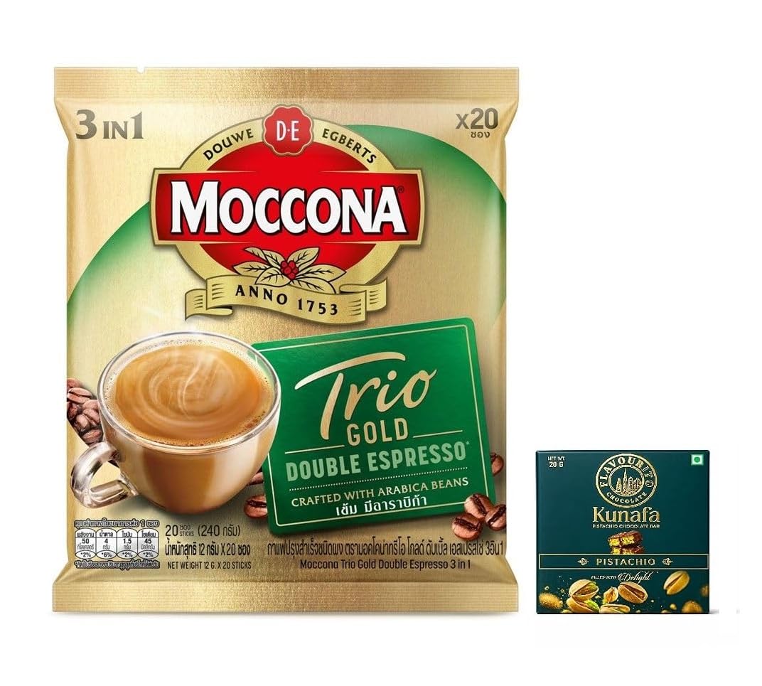 Mocconaa Trio Gold Double Espresso 3 in 1 Instant Coffee with Creamer & Sugar, (12 X 20 Sachets),240g with Free Flavourito Kunafa Pistachio Chocolate Bar, 20g By Decadent Foods-image-32