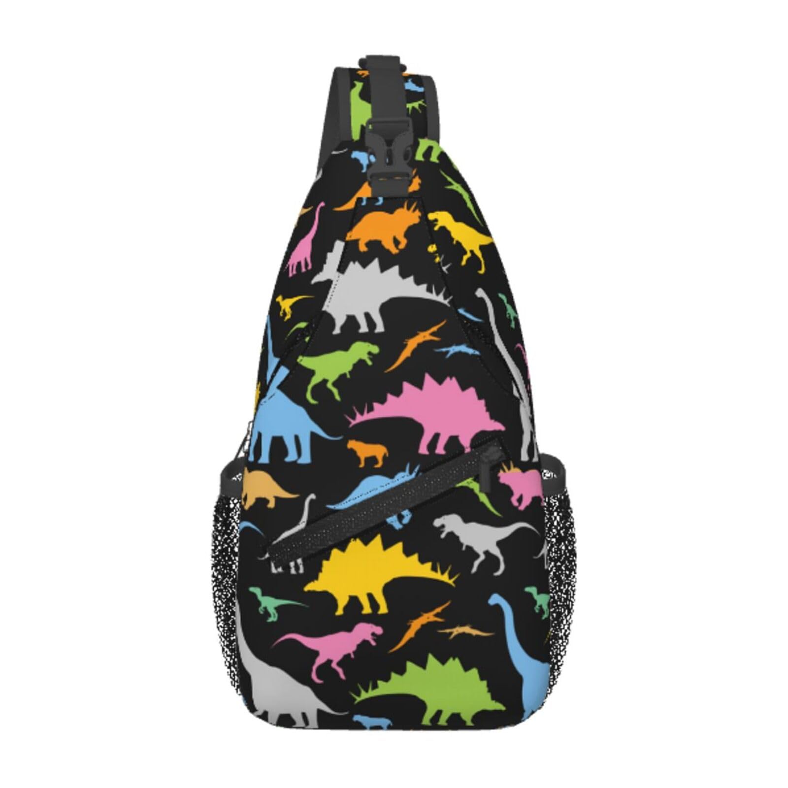 SURERUIM Cute Cartoon Dinosaur Sling Bag for Women Men Seamless Colorful Dinosaurs Pattern on Black Background Crossbody Chest Shoulder Bag Cartoon