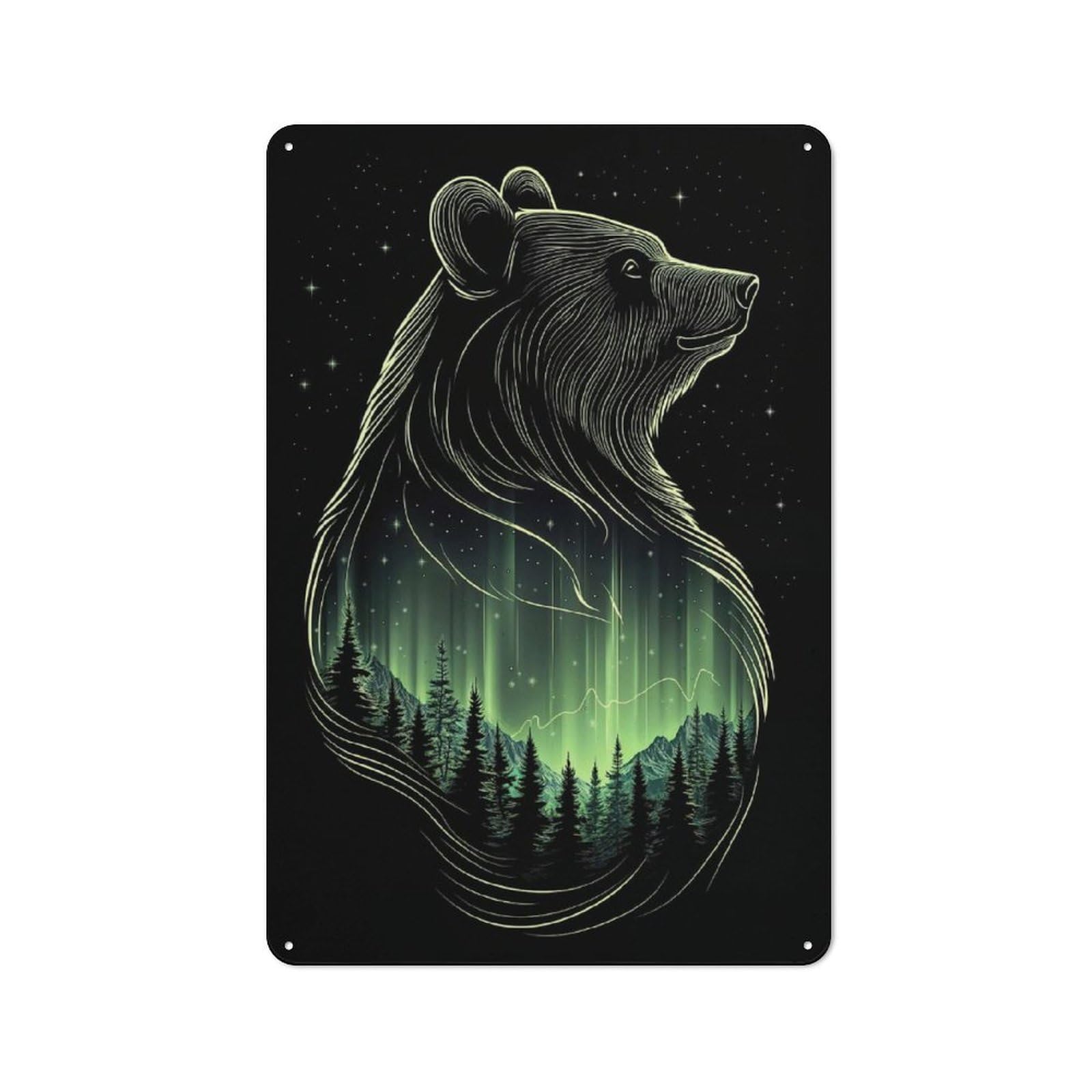 Bear & Aurora Borealis Office Metal Sign 30x20cm, Understated Office Wall Decor for Workspace, Cafe, Shop Or Desk Area