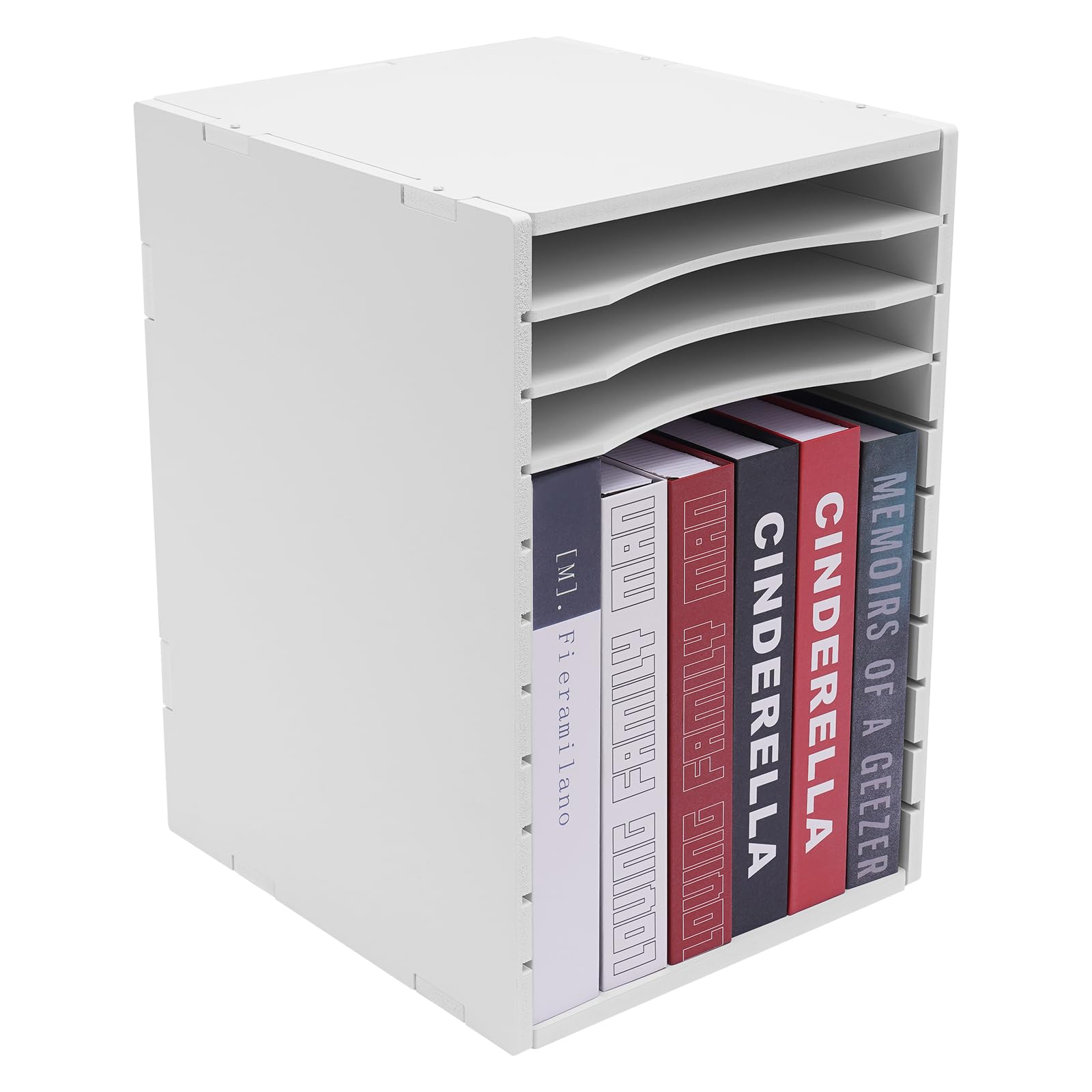 Organizzatore di Documenti Verticale da scrivania, per casa e Aula, con 11 Scomparti, Ripiani Regolabili in Formato Lettera, Finitura Laminata, Bianco