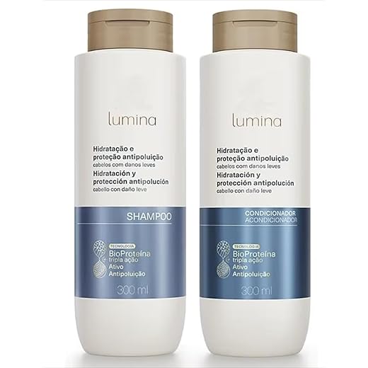 Lumina Kit Shampoo e Condicionador, Hidratação e Proteção Antipoluição, Cabelos com Danos Leves, BioProteína Tripla Ação, 300ml Cada