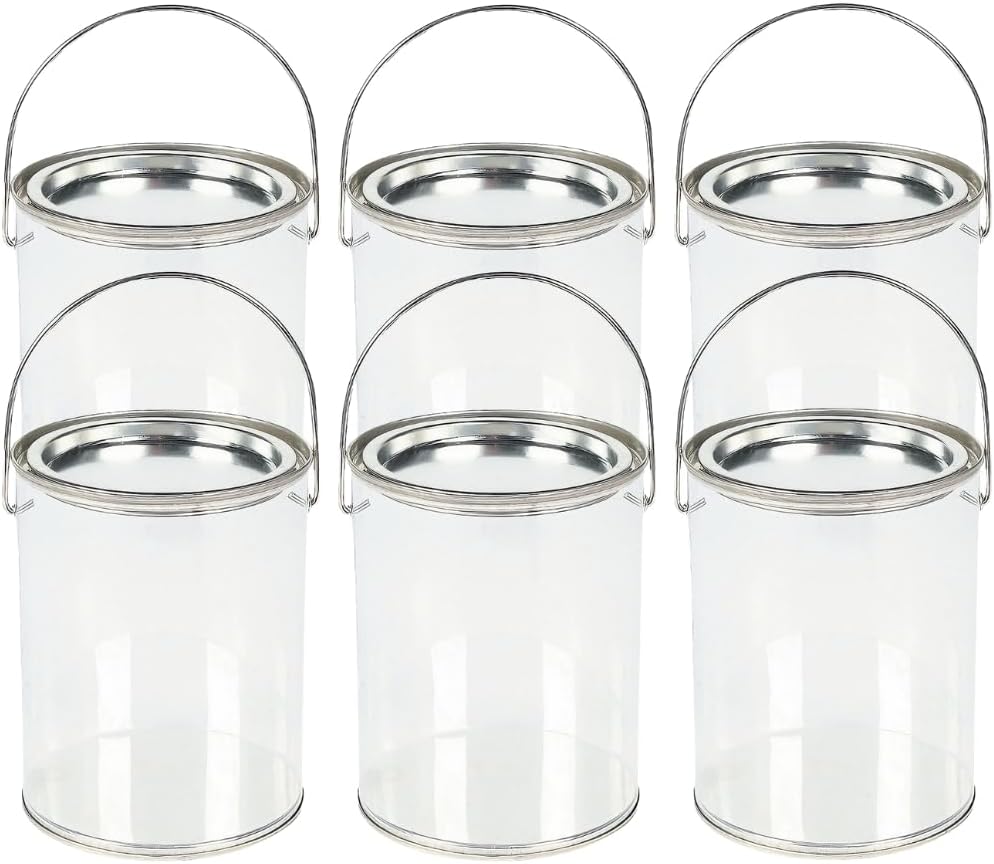 Clear Paint Can Containers with Metal Lids (Set of 6 Plastic Buckets) Great for Party Favors, Decor and DIY Projects
