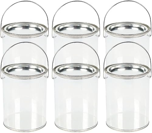 Contenedores de pintura transparente con tapas de metal (juego de 6 cubos de plástico), ideales para recuerdos de fiesta, decoración y proyectos de