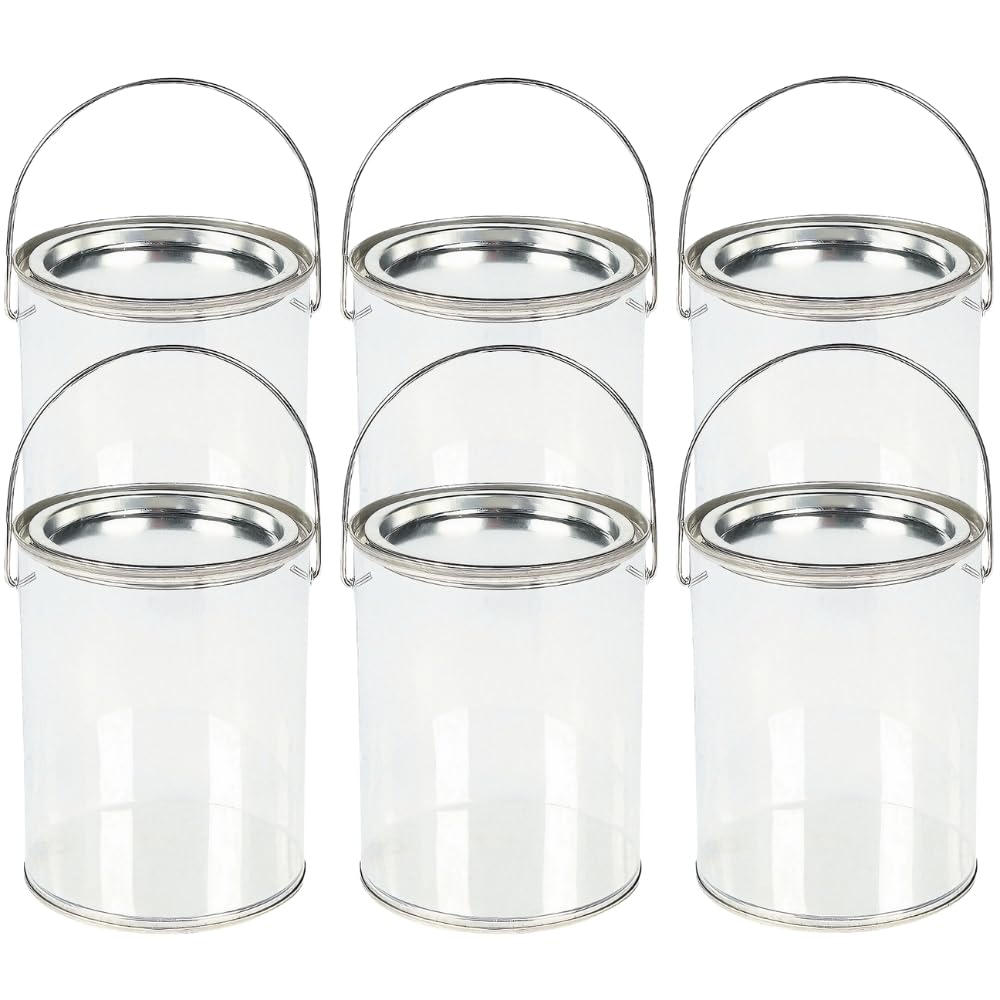 Clear Paint Can Containers with Metal Lids (Set of 6 Plastic Buckets) Great for Party Favors, Decor and DIY Projects