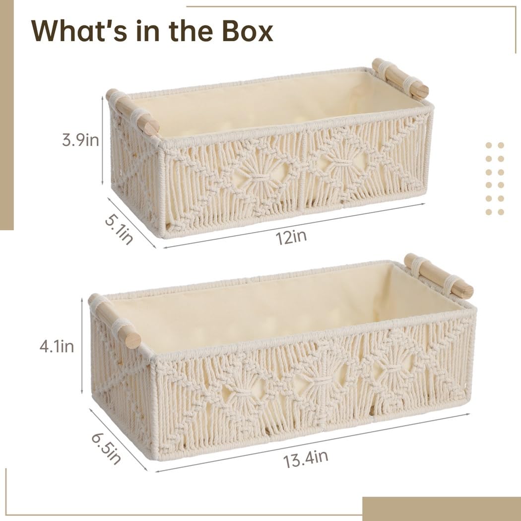 Cestas de almacenamiento bohemias de color marfil, 2 cajas tejidas de macramé con asas de madera, perfectas para baño, dormitorio, cocina y oficina